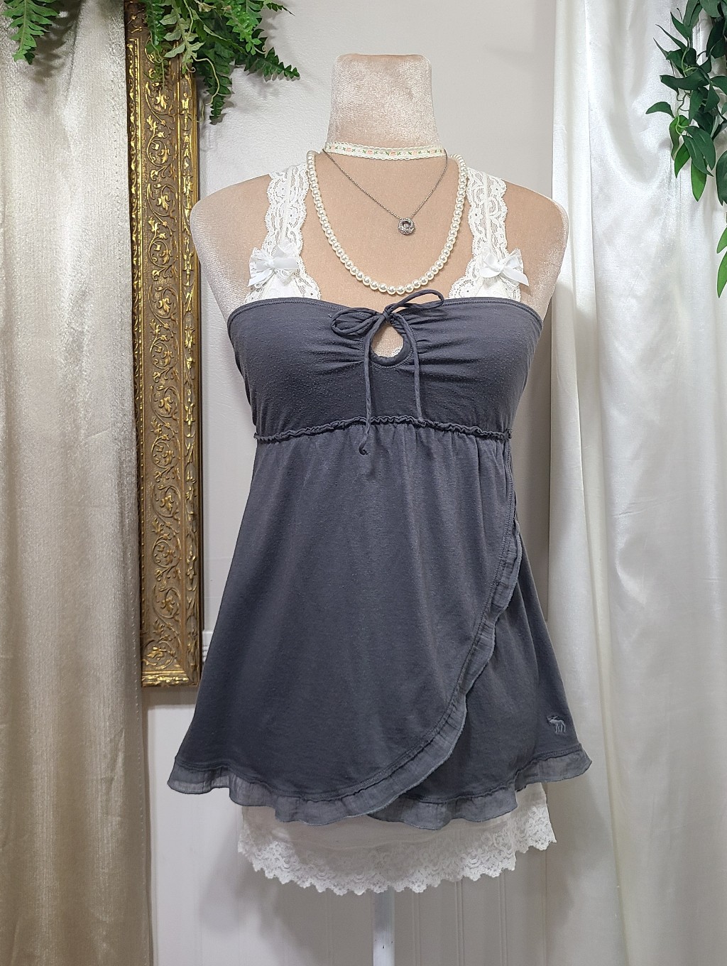 Rare Y2k Abercrombie And Fitch Grey Ruffle Lace Ballerina Babydoll Tube Top